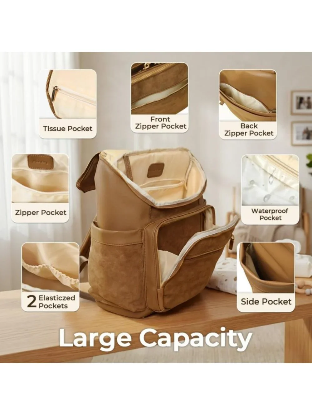 Large Suede Diaper Bag Backpack with 14 Pockets, Waterproof Wet Pocket, Luggage